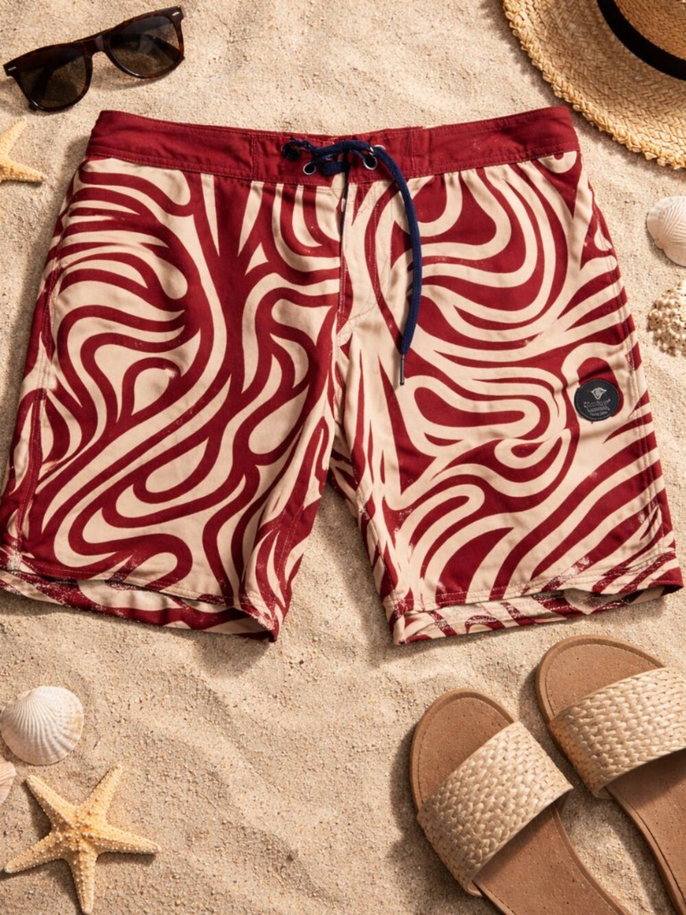 Vissla Red Cream Abstract Wave Board Shorts Men’s Size 36 Surf Swim Trunks